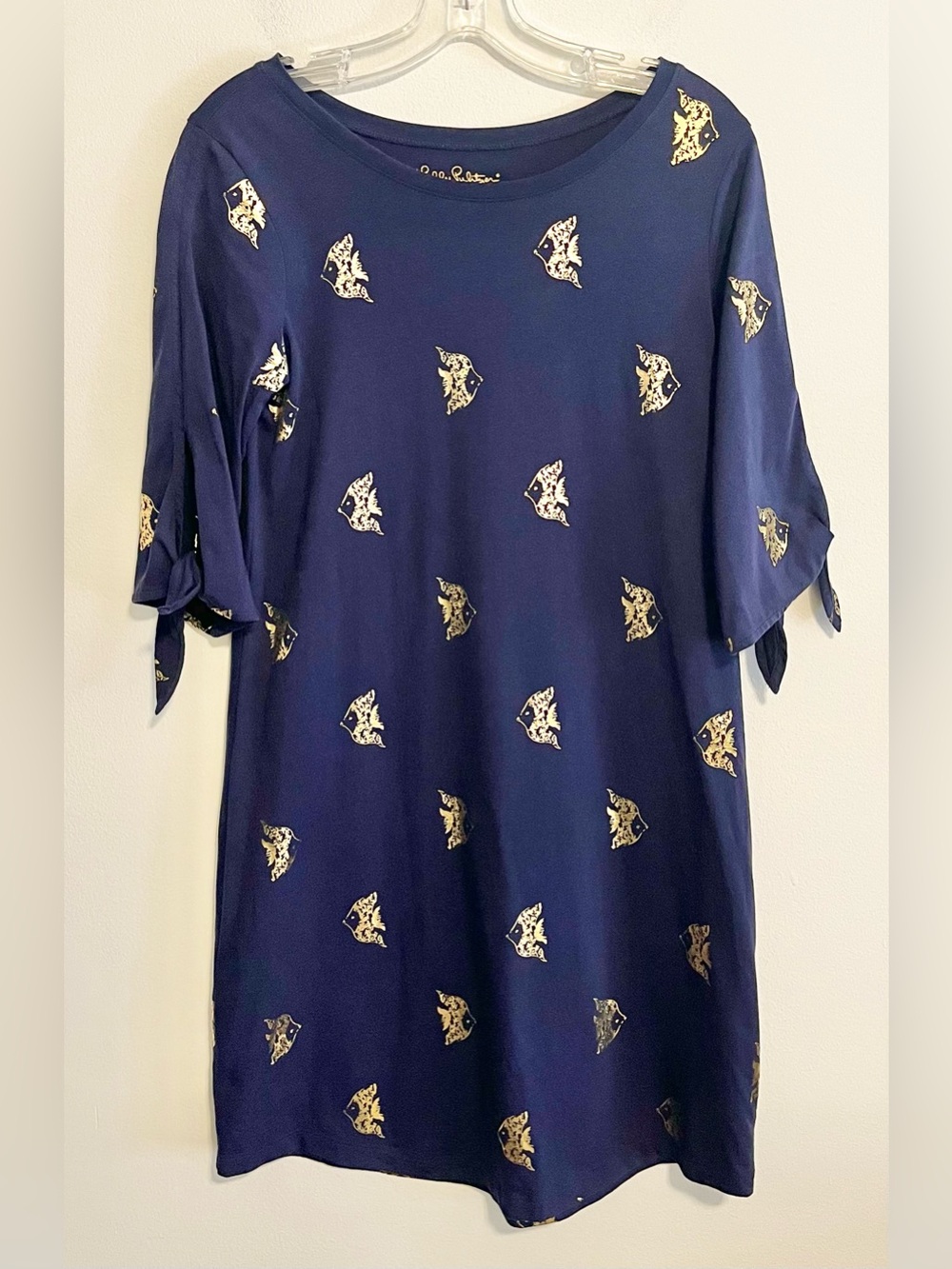 Lilly Pulitzer Preston Reel It In Navy Blue Dress Gold Foil Fish Print. Sz S
